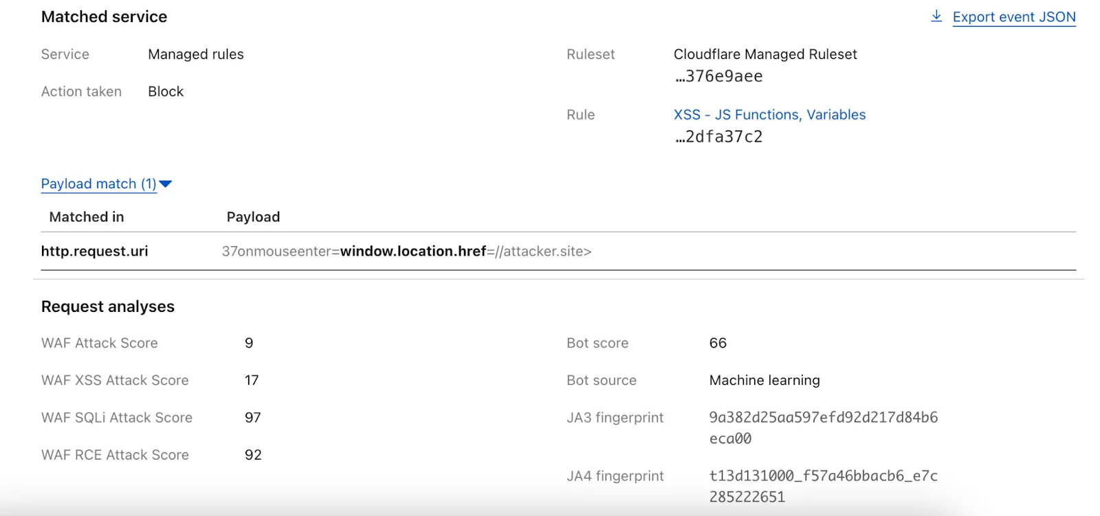 Log entry showing payload logging details