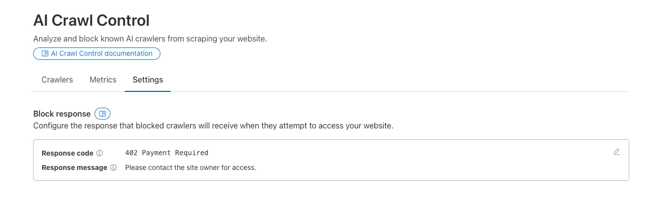 AI Crawl Control block response configuration interface