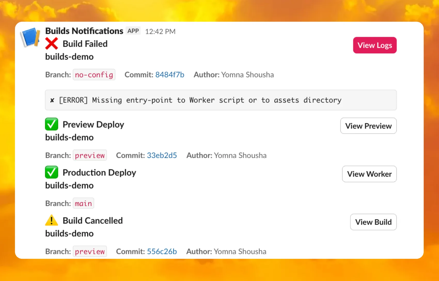 Slack notifications showing build events