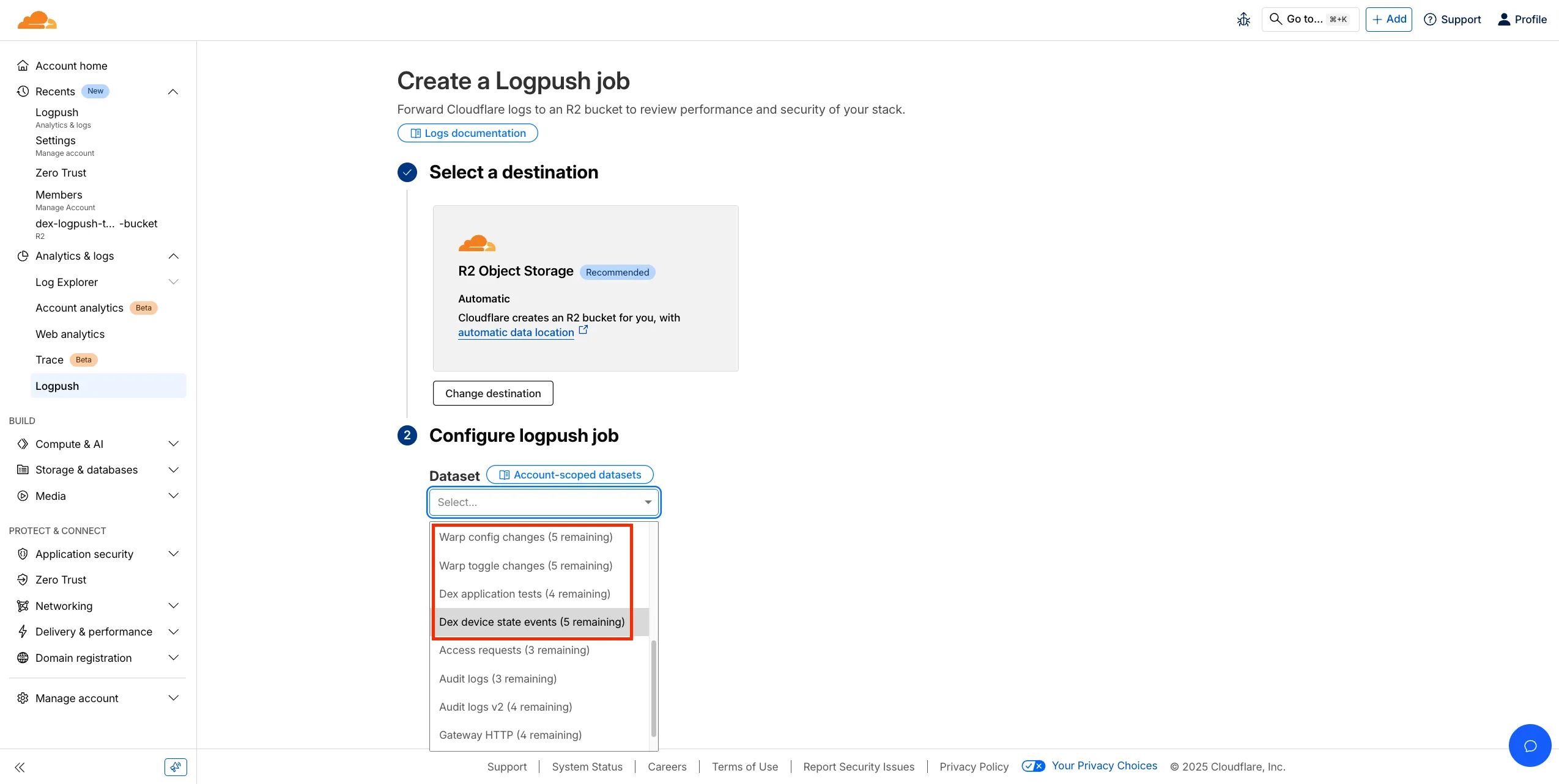 DEX logpush job creation dashboard