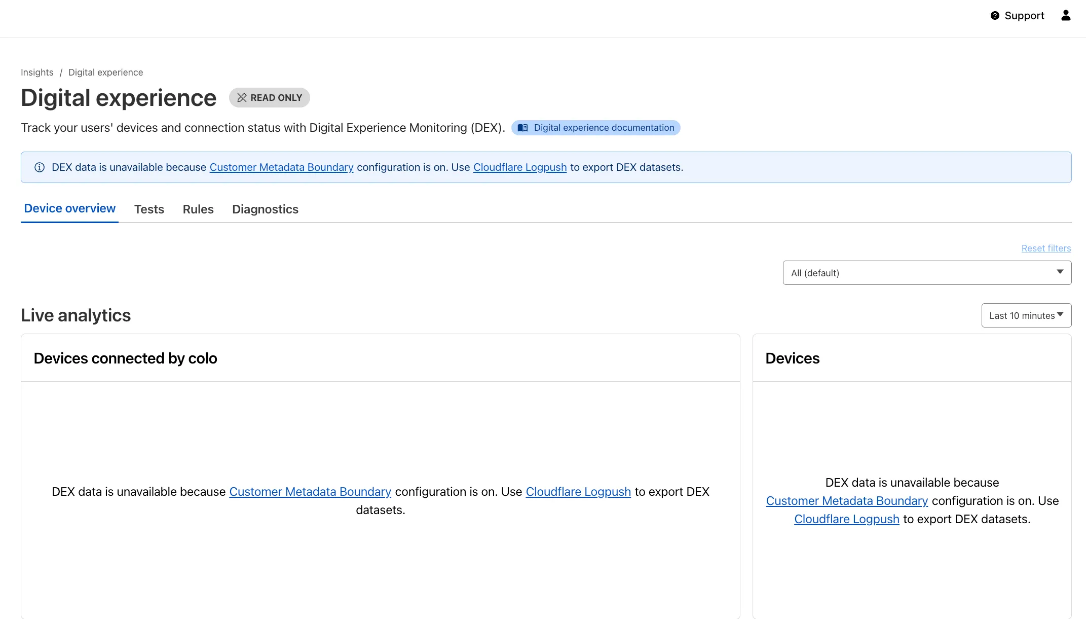 Digital Experience Monitoring message when Customer Metadata Boundary for the EU is enabled