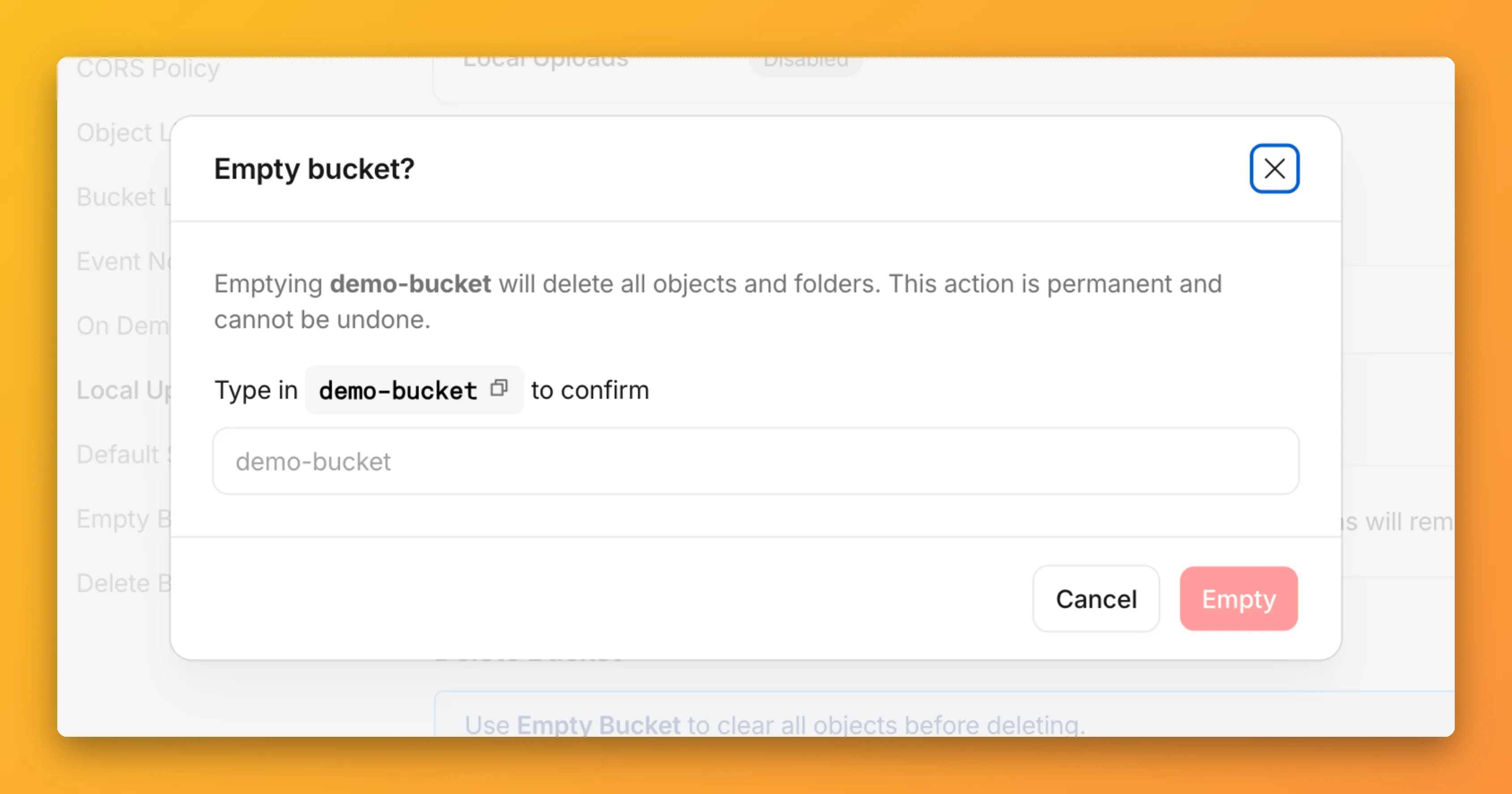 Empty Bucket and Delete Bucket sections in the R2 dashboard Settings tab