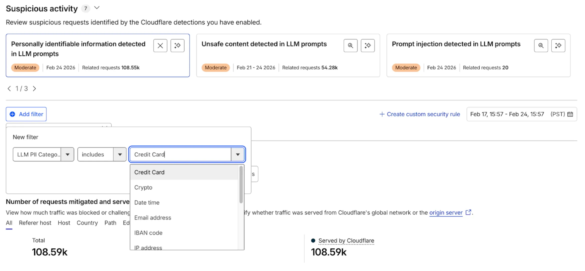 Figure 17: Filtering logs based on AI-specific threats How to filter logs in the Cloudflare dashboard based on an AI-specific threat - "Credit Card"