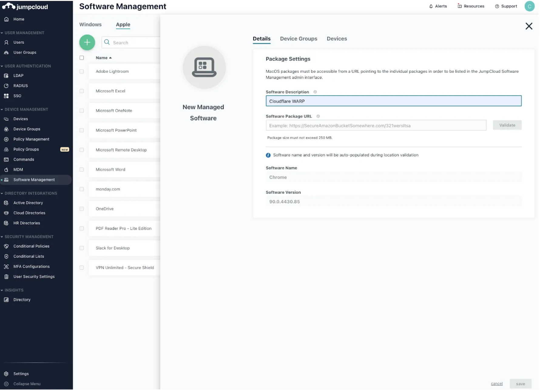 Configuring the Cloudflare One Client in the JumpCloud Apple tab