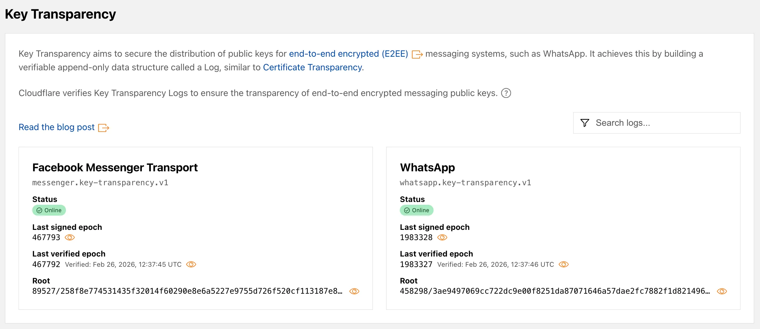 Screenshot of the Key Transparency dashboard on Radar