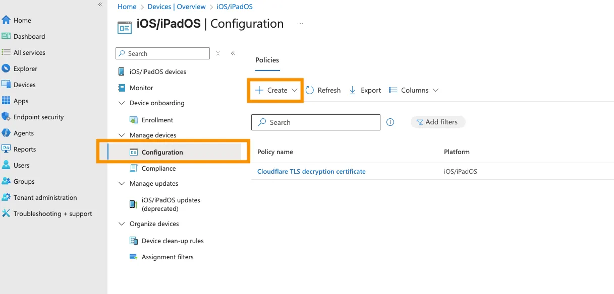 Intune admin console where you will create a new policy
