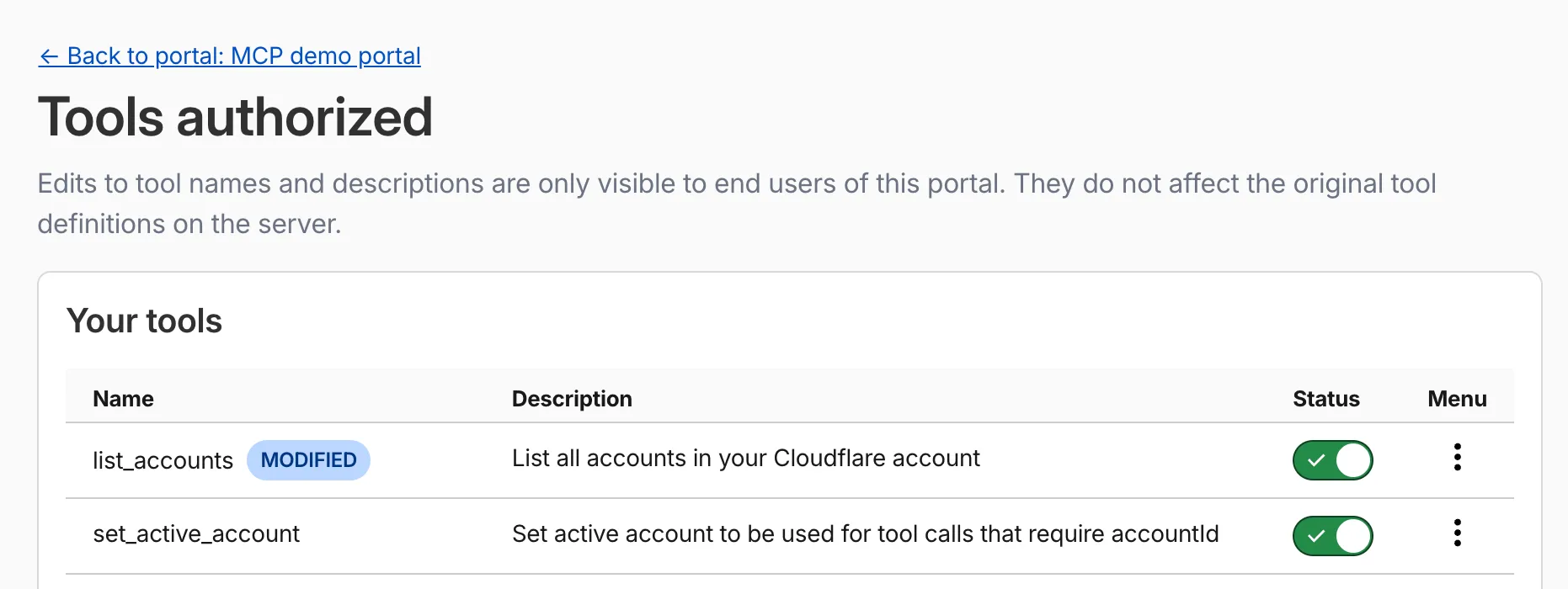 Tools authorized list showing a modified label on a renamed tool