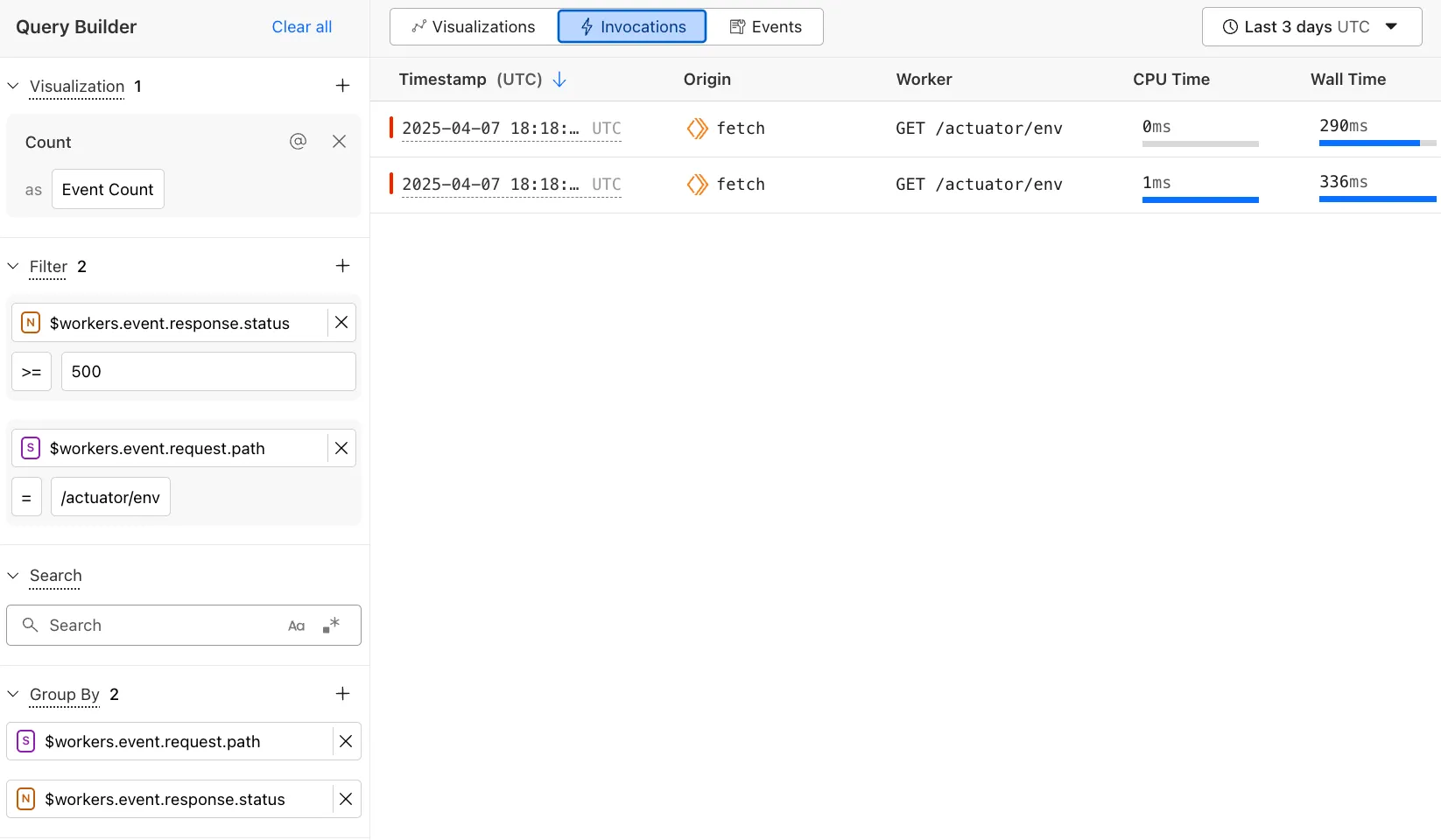 Examining the Invocations tab in the Query Builder
