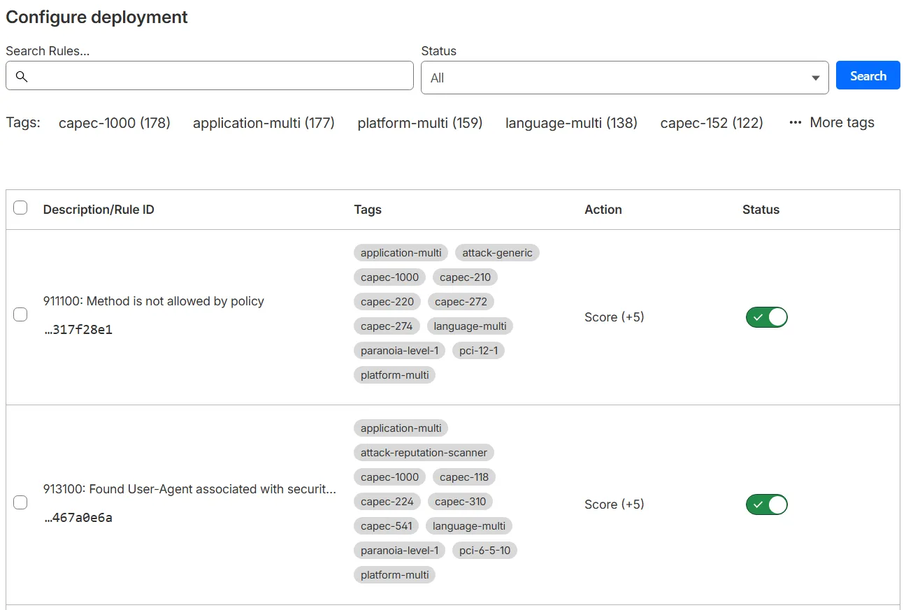 The Cloudflare dashboard displaying the list of rules in the Cloudflare OWASP Core Ruleset.