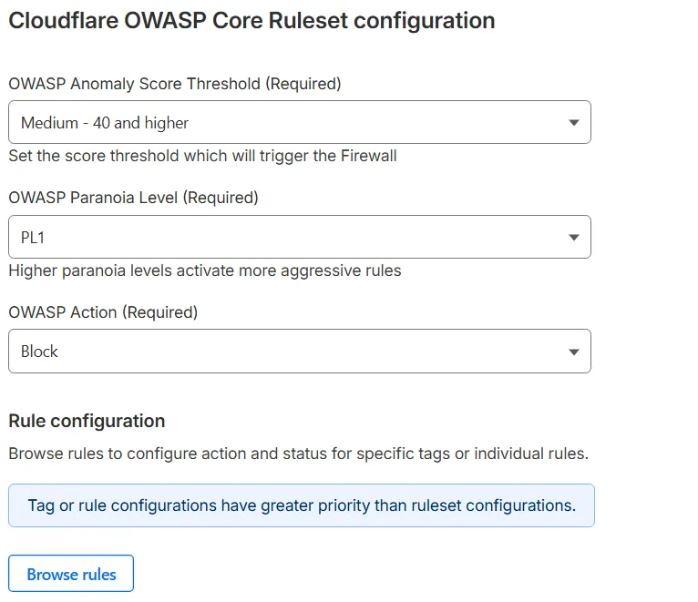 The Configure deployment page displaying the available options to override all the rules in the OWASP Core Ruleset: OWASP Anomaly Score Threshold, OWASP Paranoia Level, and OWASP Action.