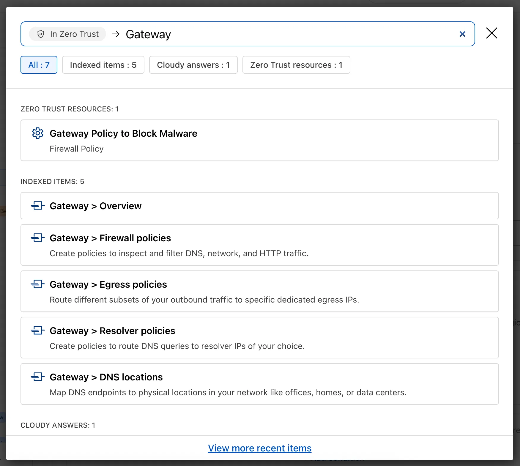 Example search results in the Zero Trust dashboard