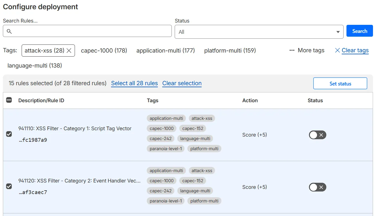 The Configure deployment page displaying selected rules with the 'attack-xss' tag in the Cloudflare OWASP Core Ruleset.