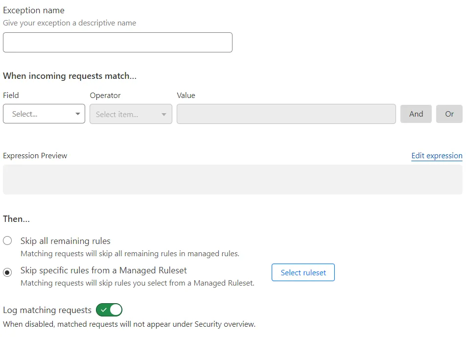 The Add exception page in the Cloudflare dashboard
