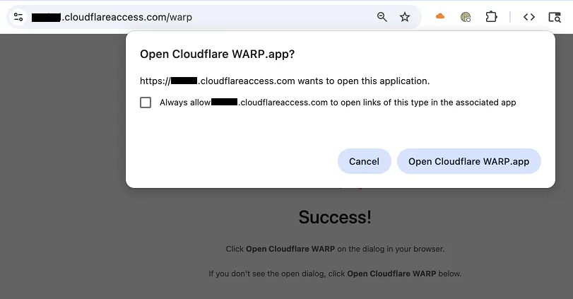 Browser popup requesting permission to open the Cloudflare One Client